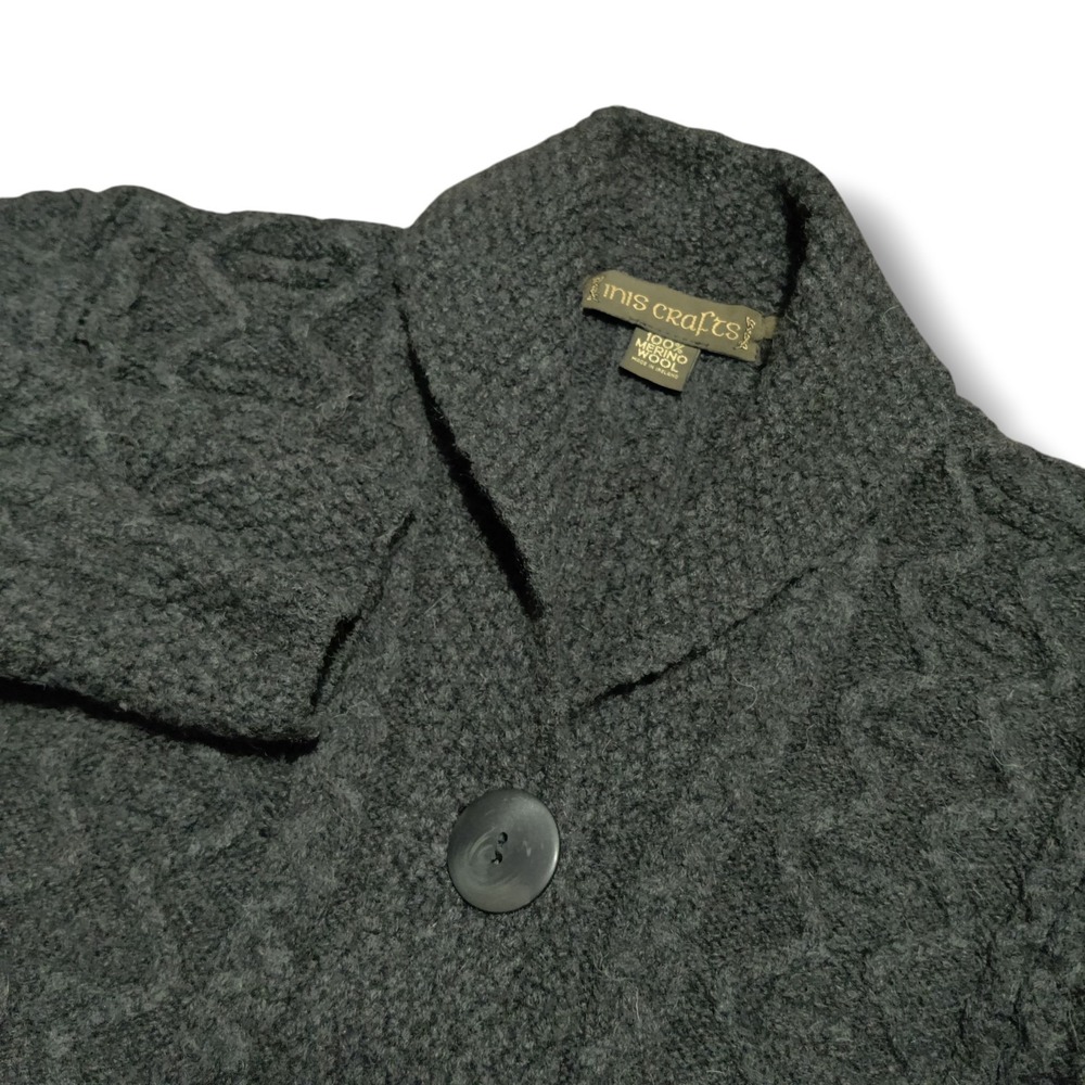 Inis Crafts Ireland Womens Dark Gray 100%‎ Merino Wool Button Fisherman Cardigan